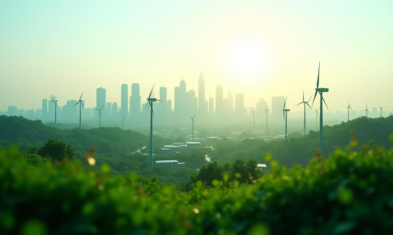 Vista panorámica de ciudad verde con energía renovable, parques y edificios sostenibles